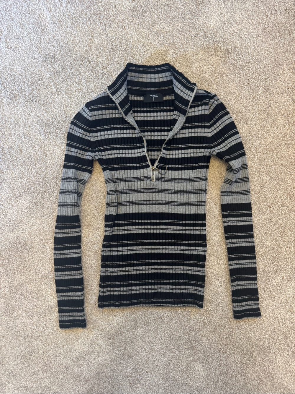 Tahari Black & Gray Striped Ribbed Half-Zip Sweater